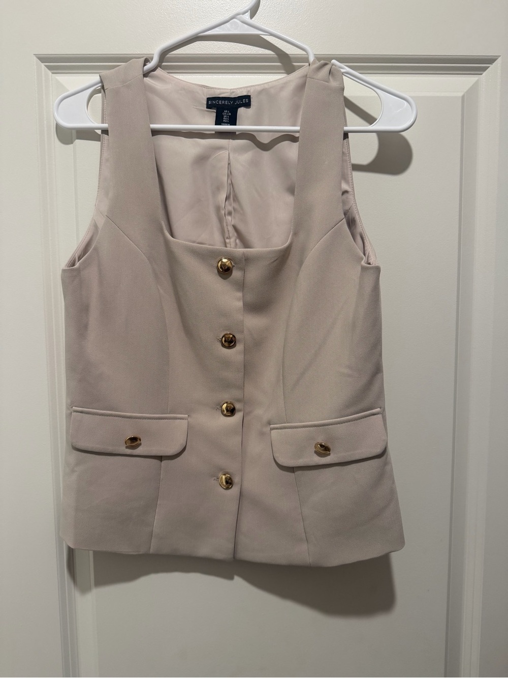 Sincerly Jules Taupe Sleeveless Button Vest with Gold Buttons